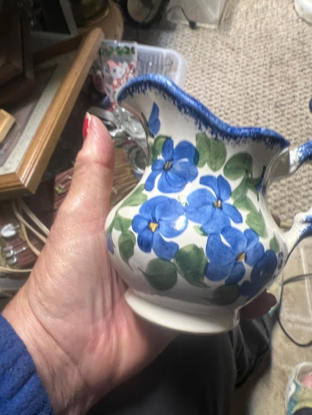 Hand-Painted Blue Floral Ceramic Pitcher - Floral Accent